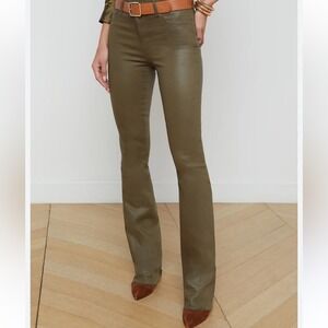L'AGENCE Coated Flare Jeans 24 Olive Green NWOT Metallic Slim High Rise
